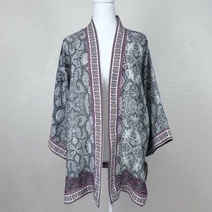 Max Studio Kimono Style Open Paisley Print Jacket Size L Ivory Pink Purple Black